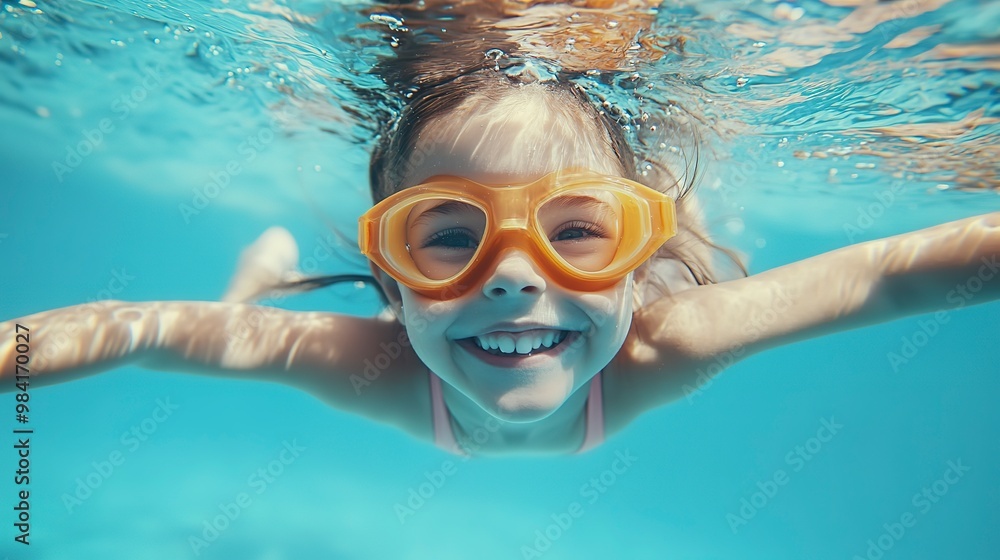 Fototapeta premium joyful girl kid learning to swim and dive underwater in pool. active lifestyle and swimming lessons for child on summer vacation 