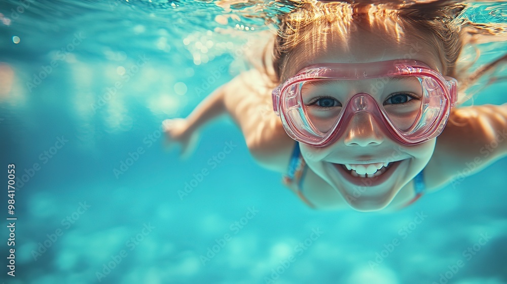 Fototapeta premium joyful girl kid learning to swim and dive underwater in pool. active lifestyle and swimming lessons for child on summer vacation 