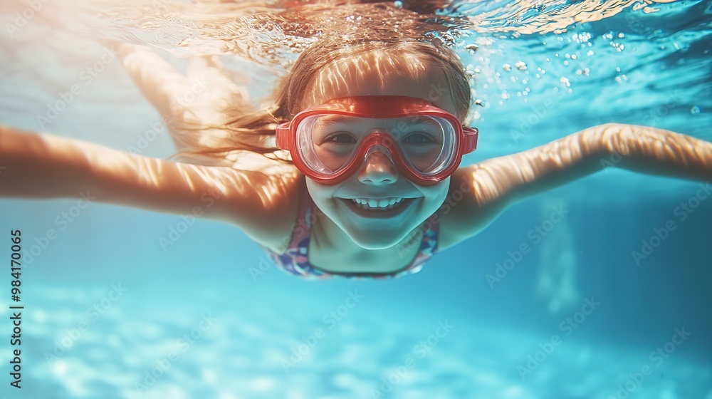 Naklejka premium joyful girl kid learning to swim and dive underwater in pool. active lifestyle and swimming lessons for child on summer vacation