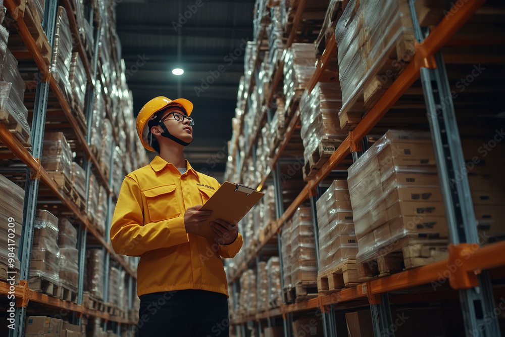 Portrait of man warehouse worker wearing uniform and helmet safety standing with clipboard for checking stock products on shelves in warehouse factory store. Portrait of man warehouse worker wearing uniform and helmet safety standing with clipboard for checking stock products on shelves in warehouse factory store.