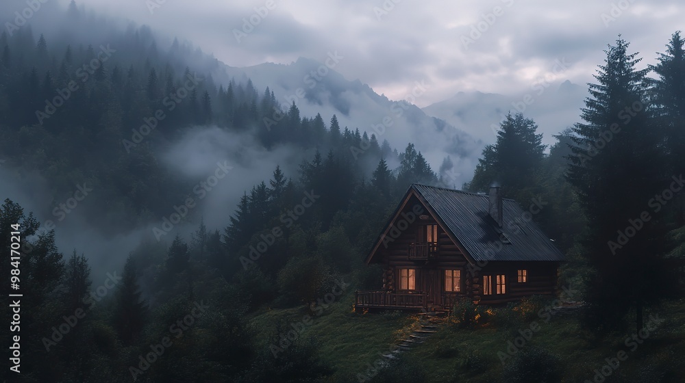 Illuminated Wooden house in the forest with the foggy mountains in the background Illuminated Wooden house in the forest with the foggy mountains in the background