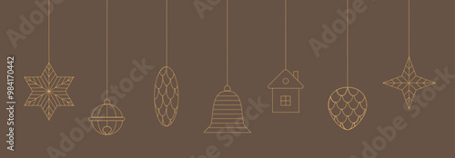 Luxury Merry Christmas, New Year pendant, ball, star, bauble, toy, cone, bell. Simple golden abstract outline vector elements