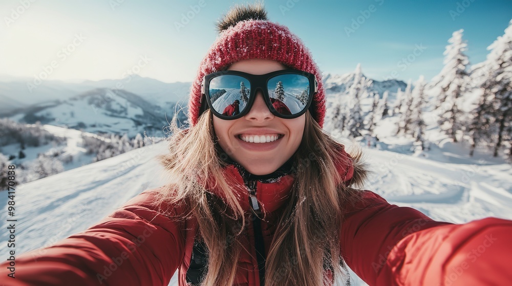 Happy woman posing for winter selfie on a ski resort. Sport and healthy lifestyle concept. Happy woman posing for winter selfie on a ski resort. Sport and healthy lifestyle concept.