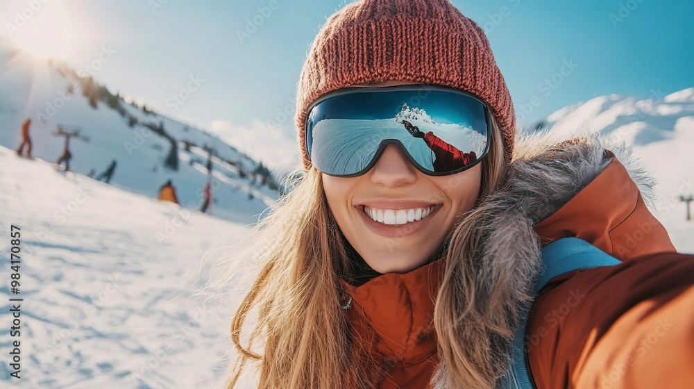 Happy woman posing for winter selfie on a ski resort. Sport and healthy lifestyle concept. Happy woman posing for winter selfie on a ski resort. Sport and healthy lifestyle concept.