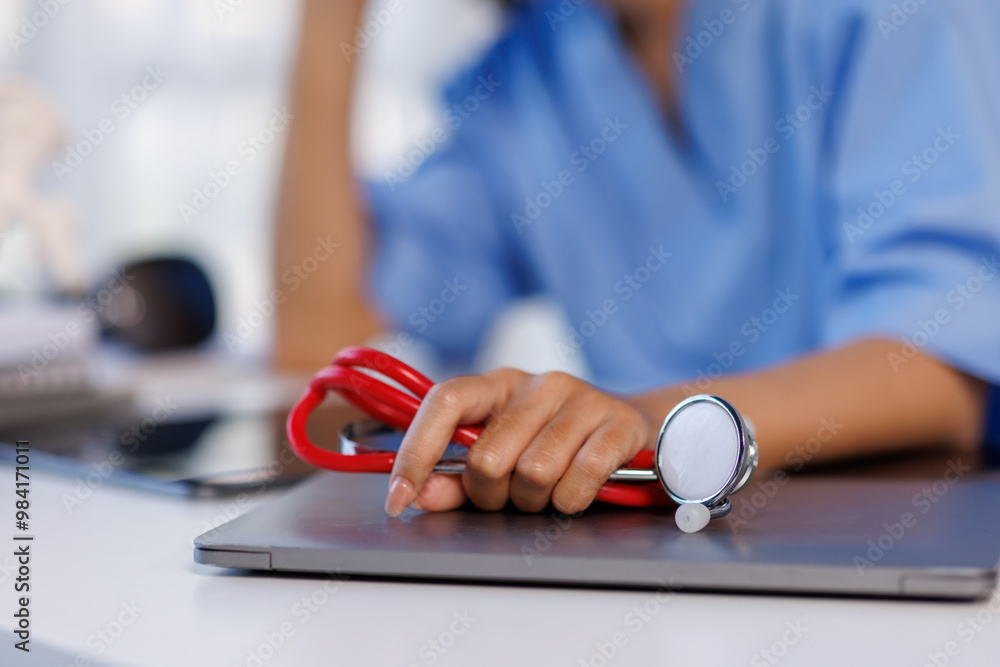 Fototapeta premium Headache stress, nurse or doctor asian woman in hospital feeling pain, tired or sick. Healthcare, wellness or female medical physician with depression or burnout while working late on laptop
