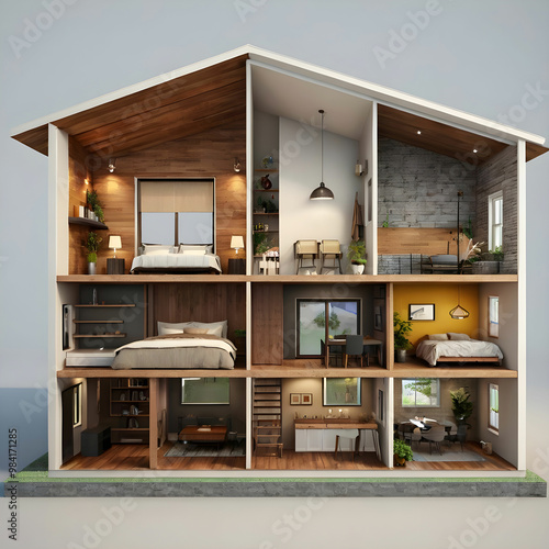 Modern home cross section 3d rendering