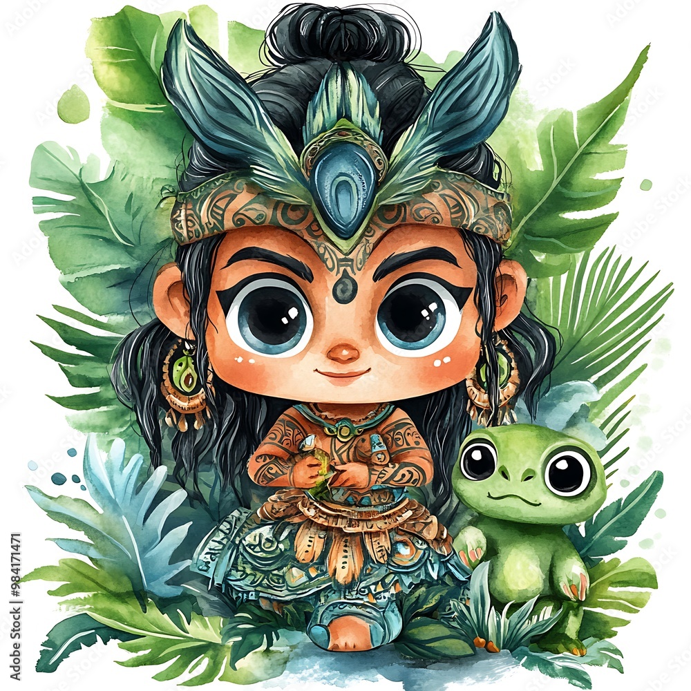 Cute Cartoon Tribal Girl with a Frog in the Jungle. Cute Cartoon Tribal Girl with a Frog in the Jungle.