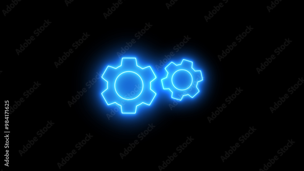 Glowing neon line gear cog icon, gear wheel icon, neon settings icon on black background. Glowing neon line gear cog icon, gear wheel icon, neon settings icon on black background.