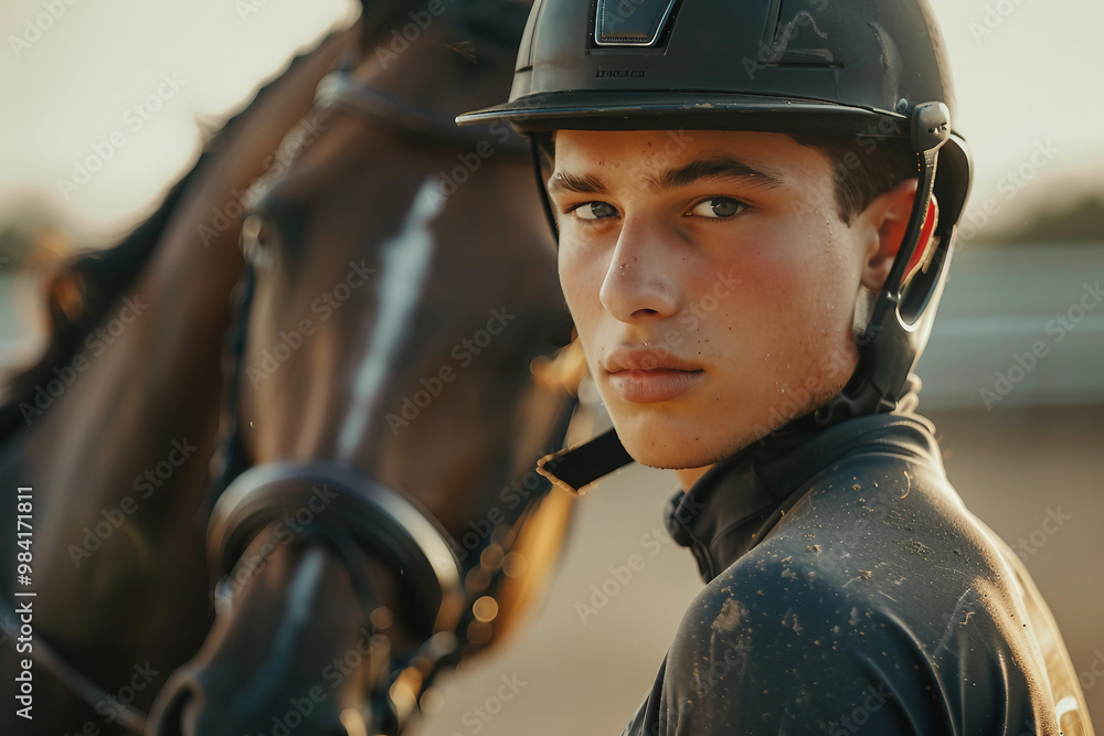 Generative AI illustration, equestrian sports lesson training, young person man woman kid learning to ride a horse Generative AI illustration, equestrian sports lesson training, young person man woman kid learning to ride a horse