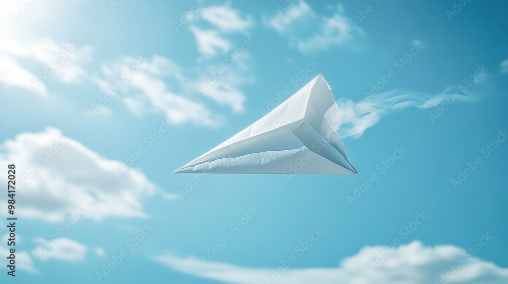 A paper airplane glides through a clear blue sky, symbolizing freedom and creativity. A paper airplane glides through a clear blue sky, symbolizing freedom and creativity.