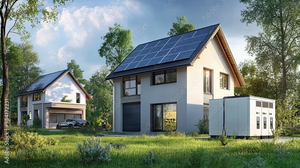 Modern house with solar panels, a car, and a battery storage system Modern house with solar panels, a car, and a battery storage system