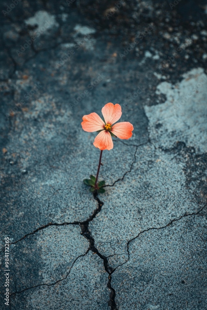 Naklejka premium A blooming flower growing through cracks in concrete, symbolizing resilience in the face of adversity