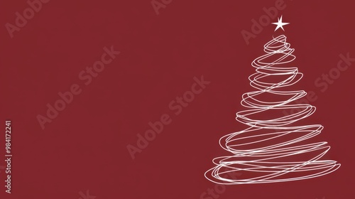 Aesthetic white Christmas tree made of with curved lines, red background, copy space. Greeting card. Generative AI