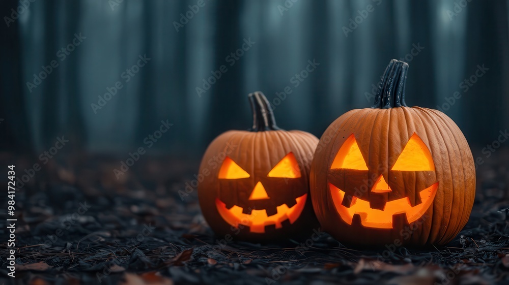 Halloween pumpkins nestled in a spooky forest clearing Halloween pumpkins nestled in a spooky forest clearing