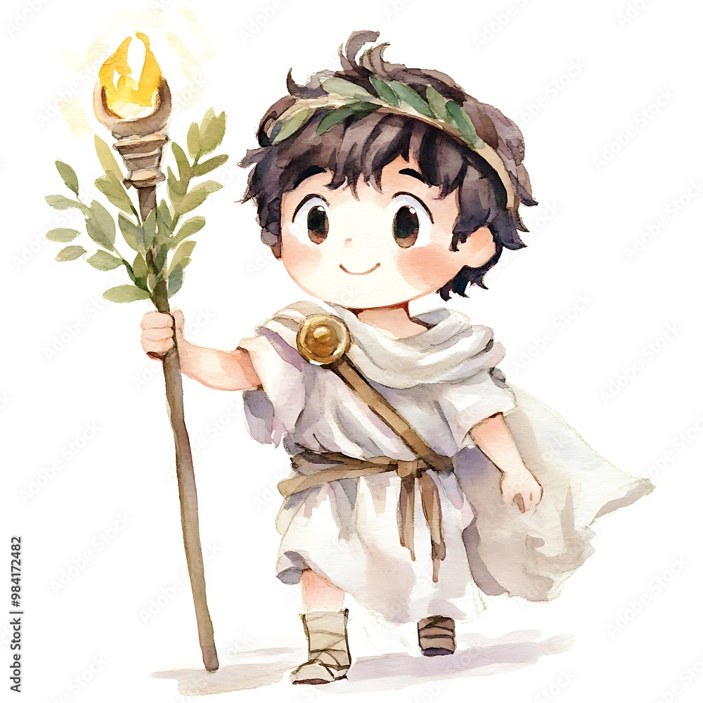 Fototapeta premium Watercolor Illustration of a Young Boy Dressed in a Tunic Holding a Torch.