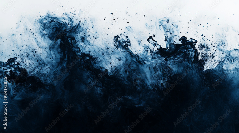 Obraz premium Dark Blue Ink Clouds With Splatter On Light Background