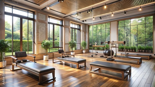 A modern pilates studio with contemporary equipment large windows for ample natural light provides a serene and inviting atmosphere for fitness and relaxation