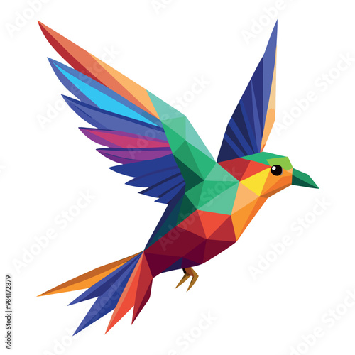 Low poly colorful bird flying on white background