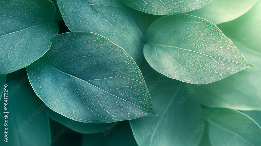 Obraz premium Detailed Close-Up of Teal Green Leaves With Visible Veins