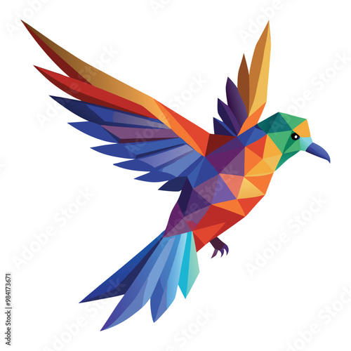 Low poly colorful bird flying on white background