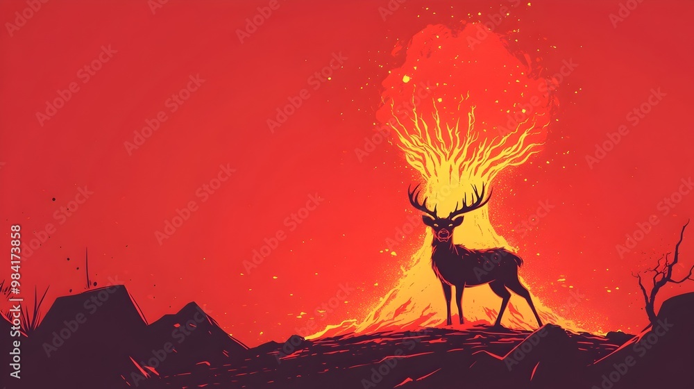 Deer Silhouetted Against Fiery Volcanic Eruption in Minimalist Flat Design Deer Silhouetted Against Fiery Volcanic Eruption in Minimalist Flat Design