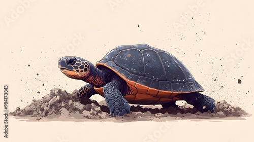 Turtle Retreating into Shell During Landslide Disaster in Minimalist Japanese Anime Style photo