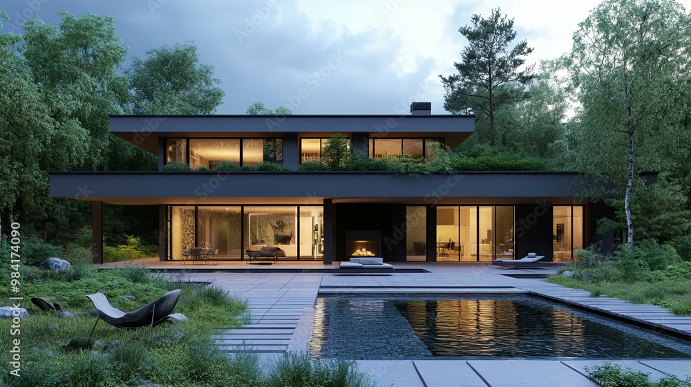 Modern Black House with Pool and Lush Greenery Modern Black House with Pool and Lush Greenery
