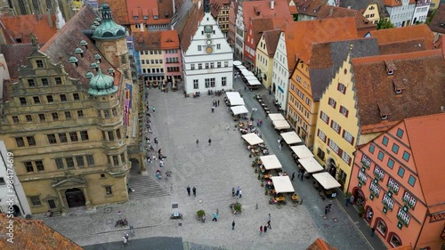 4K Aerial Drone Video of the Market Square and Town Hall of the Walled City of Rothenburg ob der Tauber, Germany photo