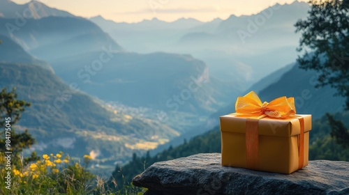 Scenic Mountain Landscape with Gift Box in Foreground photo