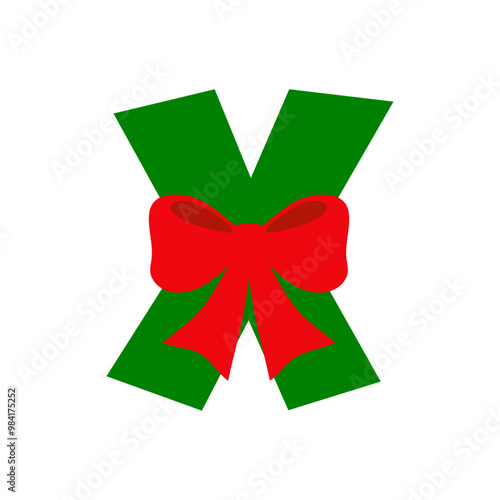  Tiempo de Navidad. Logo con letra inicial X con cinta y lazo de regalo para su uso en tarjetas y felicitaciones