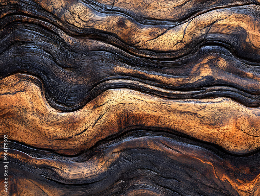 A striking abstract pattern of dark and light wood, showcasing organic curves and textures, perfect for artistic and design projects. A striking abstract pattern of dark and light wood, showcasing organic curves and textures, perfect for artistic and design projects.