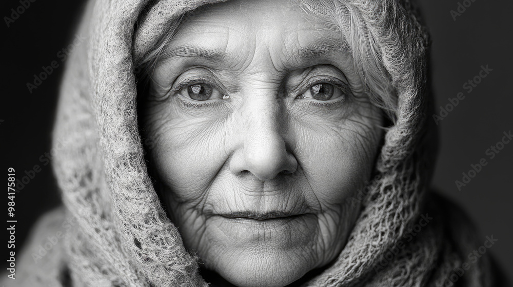 An elderly woman gazes thoughtfully, wrapped in a textured scarf, her expressive eyes revealing a lifetime of stories and experiences An elderly woman gazes thoughtfully, wrapped in a textured scarf, her expressive eyes revealing a lifetime of stories and experiences
