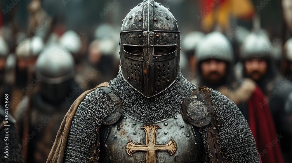 Medieval knight standing with his army during battle reenactment Medieval knight standing with his army during battle reenactment