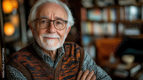 An older gentleman with gray hair and glasses displays a warm smile while relaxing in a comfortable, well-lit room filled with books