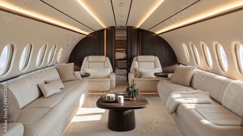 The interior of a private jet showcases plush seating and modern decor, designed for comfort and sophistication in a spacious cabin setting photo