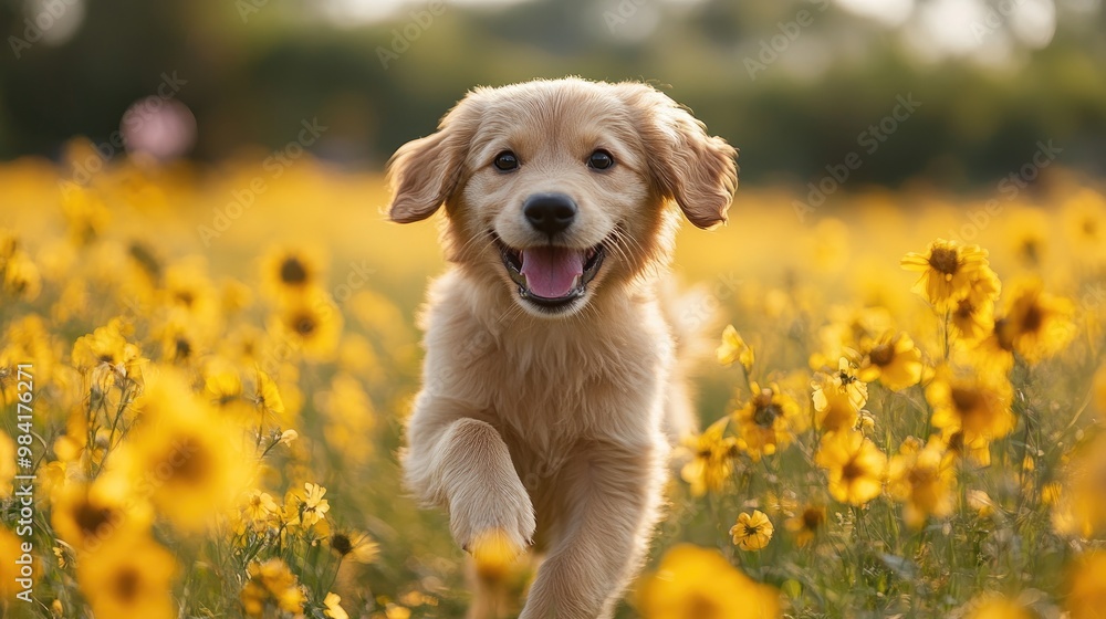 Golden retriever puppy smiling in a field of flowers Golden retriever puppy smiling in a field of flowers