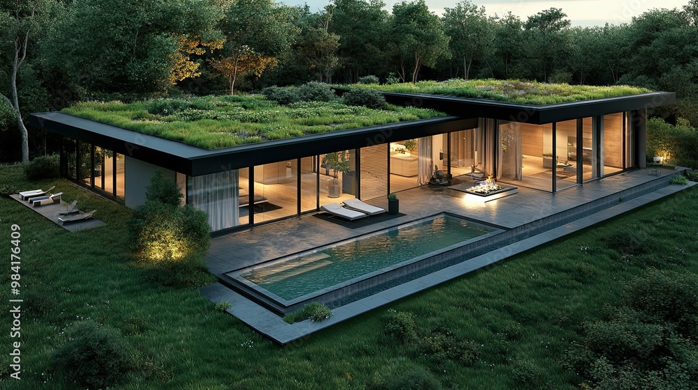 Modern House with Green Roof, Pool, and Patio in a Forest Setting Stock ...