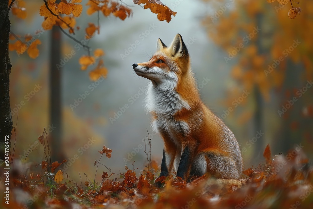 Red fox sitting in autumn leaves looking up intently Red fox sitting in autumn leaves looking up intently