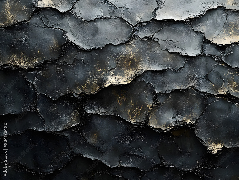 Fototapeta premium Abstract texture featuring cracked black and gold patterns, ideal for backgrounds and design projects.