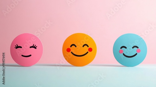 A paper smiley face chosen from a lineup of emotions representing positive feedback and mental health awareness on a clean background