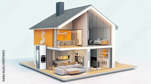 A cutaway view of a modern house with a heat pump and interior design elements
