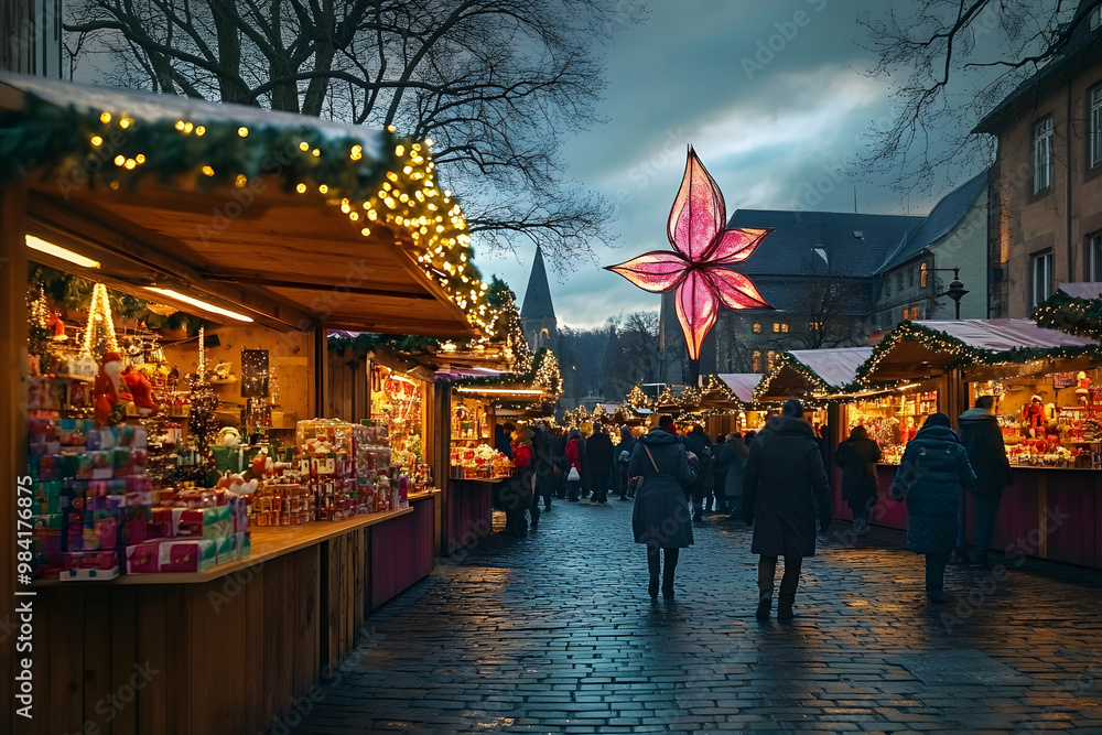 Fototapeta premium In Koblenz, Rhineland-Palatinate, Germany, the Christmas market is located in Brunnen Am Plan in the historic town center.