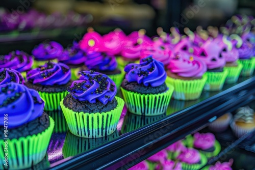 Enchanted pastries like neon-glowing ghost cupcakes and witch s brew cookies on display at a witch s bakery, cybernetic tone, Complementary Color Scheme photo