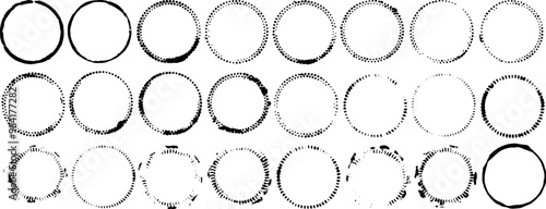 Vector set of 24 black ink circles. Each circle has a different size, shape, and texture. These circles could be used for design projects, graphic design, or artistic purposes.