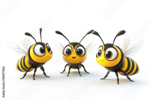 Four adorable cartoon-style bees, each with expressive eyes and vibrant yellow and black