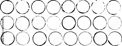 Vector set of 24 black ink circles. Each circle has a different size, shape, and texture. These circles could be used for design projects, graphic design, or artistic purposes.