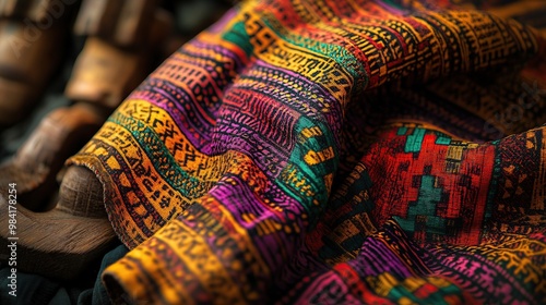 A vibrant textile featuring intricate patterns and colors, alongside wooden artifacts.