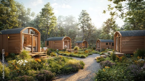 A series of wooden tiny homes clustered around a communal garden, each uniquely designed but harmoniously styled