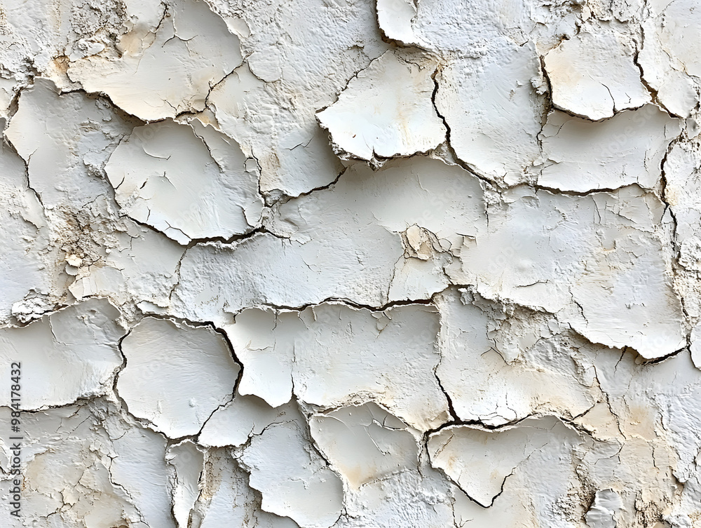 Close-up of cracked white paint on a textured wall, showcasing weathering and peeling, perfect for backgrounds and designs. Close-up of cracked white paint on a textured wall, showcasing weathering and peeling, perfect for backgrounds and designs.