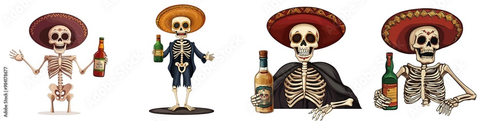 Day of the dead tradition family conceptual. Colorful skeletons with sombreros, celebrating with drinks, white isolate background. Day of the dead tradition family conceptual. Colorful skeletons with sombreros, celebrating with drinks, white isolate background.